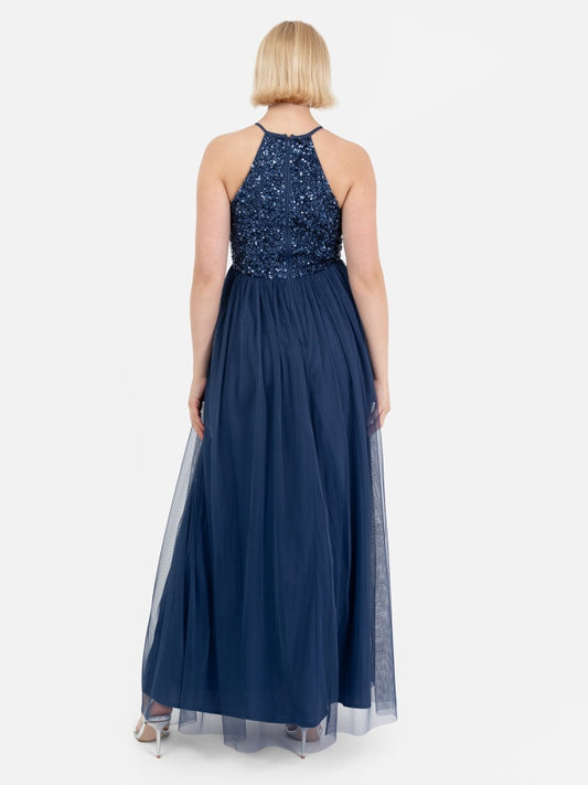 Maya French Navy Embellished Halter Neck Maxi Dress