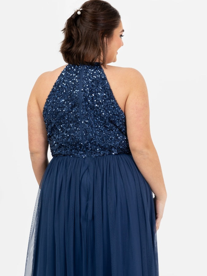Maya French Navy Embellished Halter Neck Maxi Dress