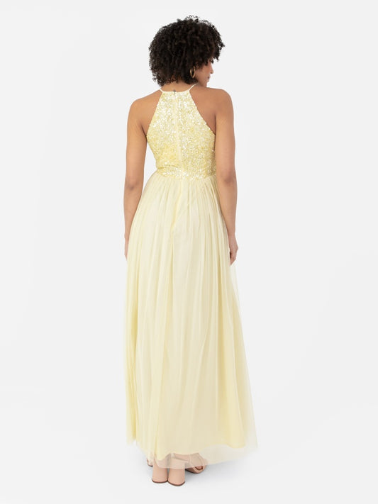 Maya Pale Yellow Embellished Halter Neck Maxi Dress