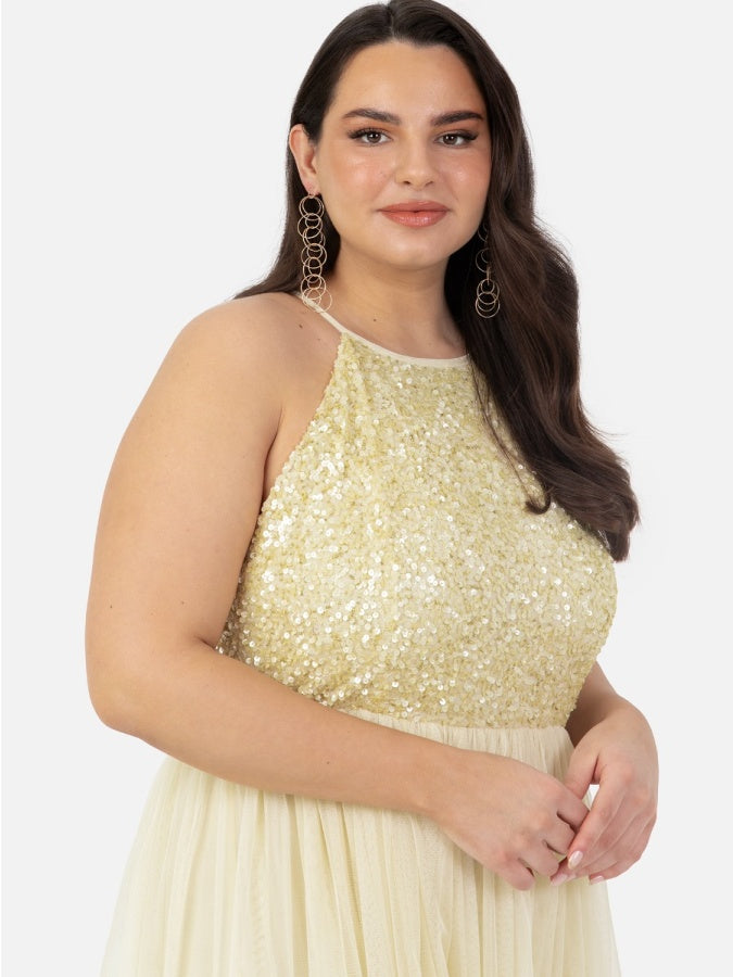 Maya Pale Yellow Embellished Halter Neck Maxi Dress