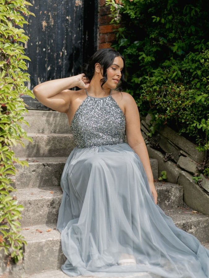 Maya Misty Green Embellished Halter Neck Maxi Dress