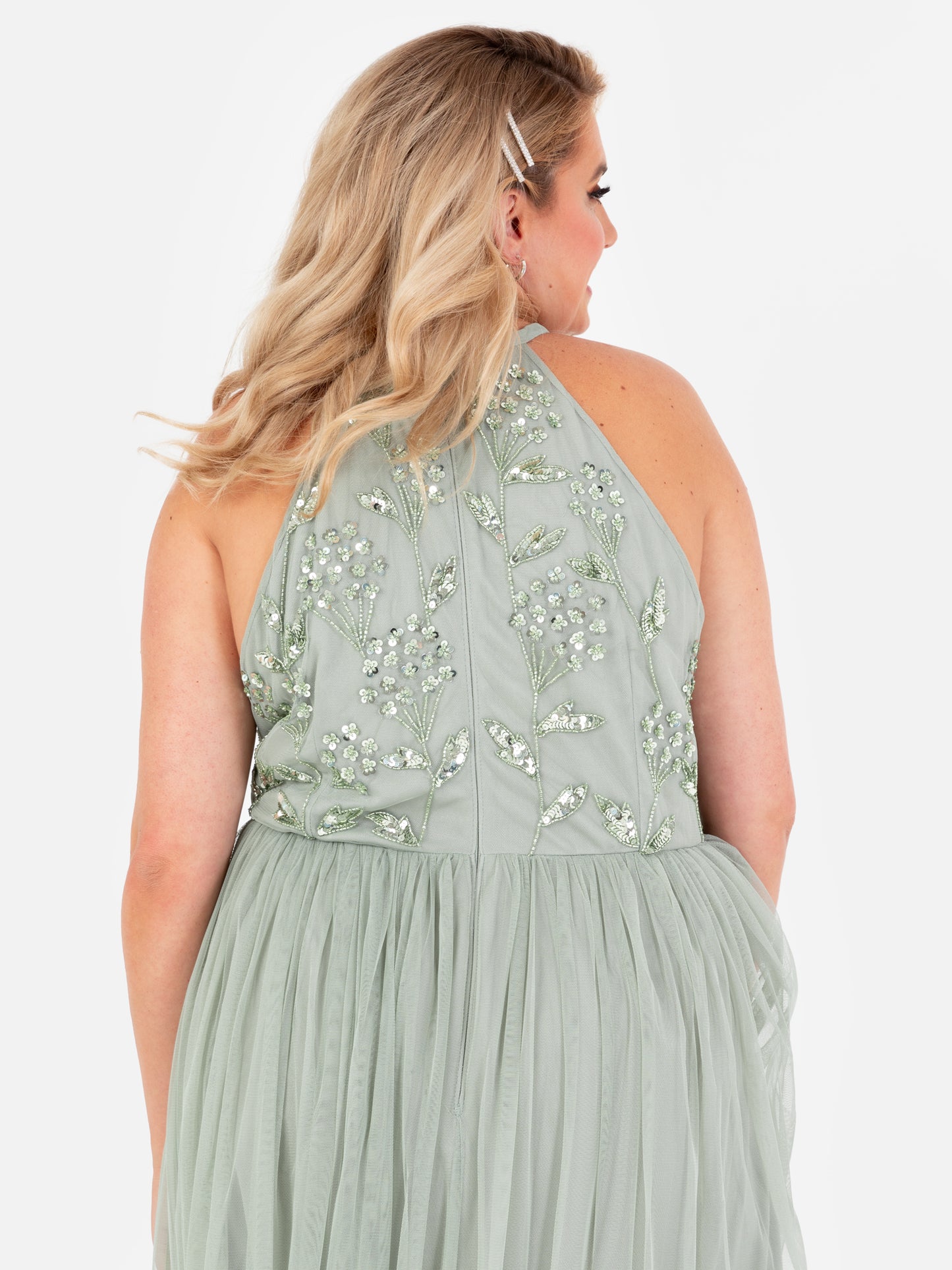 Maya Sage Green Floral Embellished Halter Neck Maxi Dress