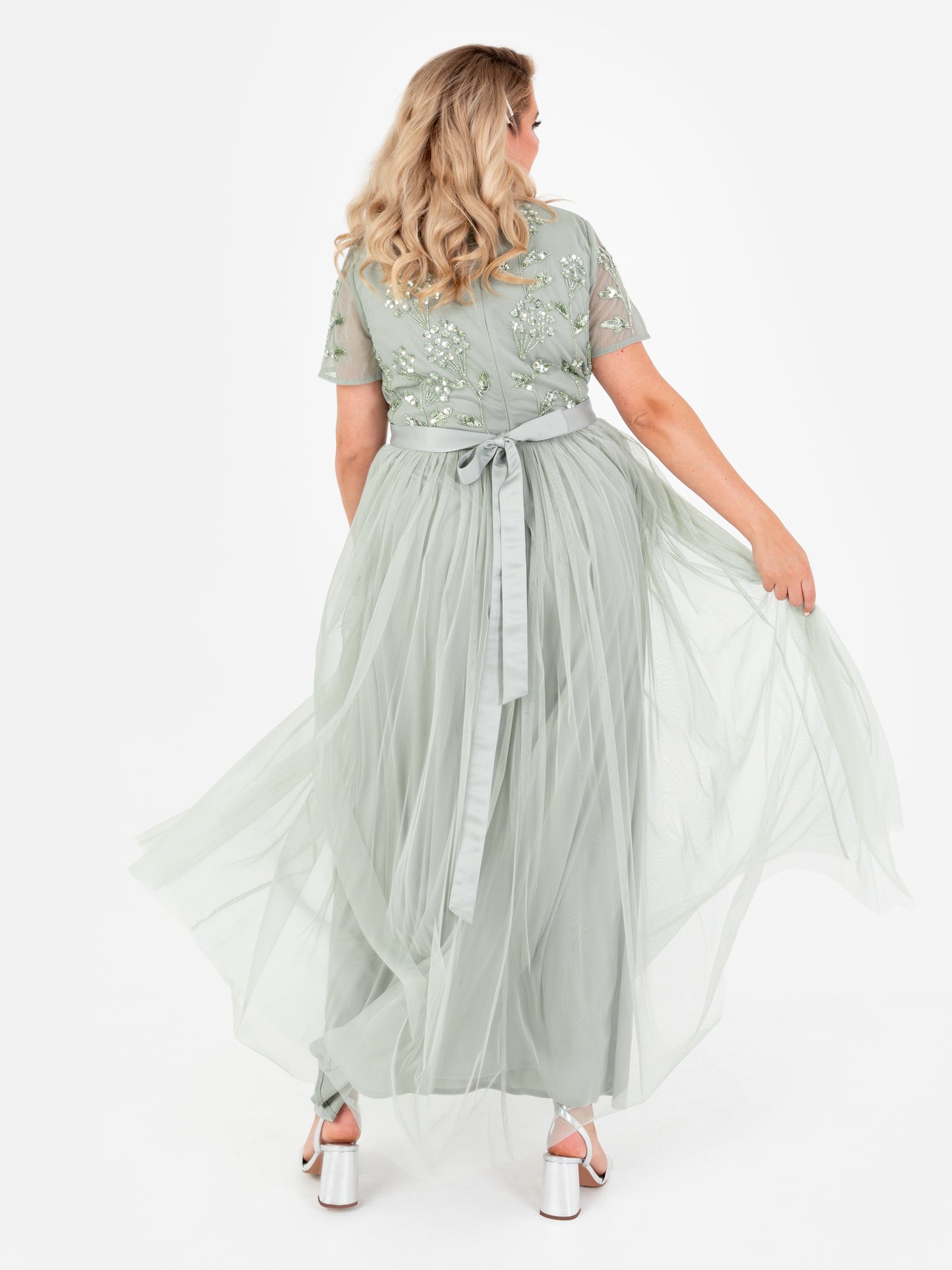 Maya Sage Green Floral Embellished Short Sleeve V Neck Maxi Dress with Sash Belt