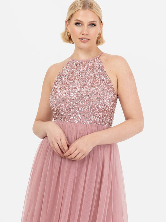Maya Dusty Pink Embellished Halter Neck Maxi Dress
