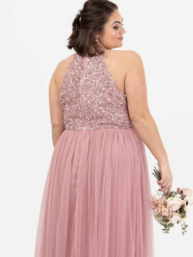 Maya Dusty Pink Embellished Halter Neck Maxi Dress