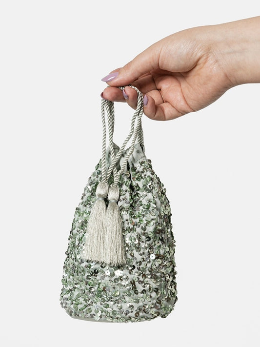Maya Sage Green Lily Embellished Drawstring Purse