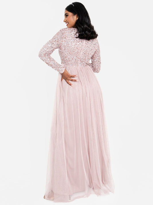 Maya Frosted Pink Embellished Long Sleeve Maxi Dress