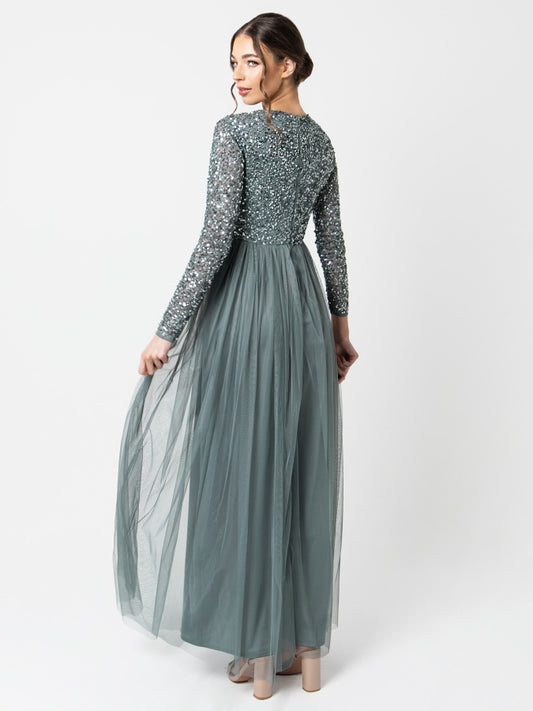 Maya Misty Green Embellished Long Sleeve Maxi Dress