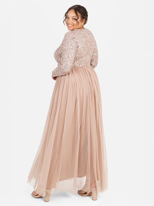Maya Taupe Blush Embellished Long Sleeve Maxi Dress