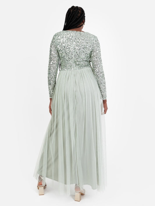 Maya Sage Green V Neck Embellished Long Sleeve Maxi Dress