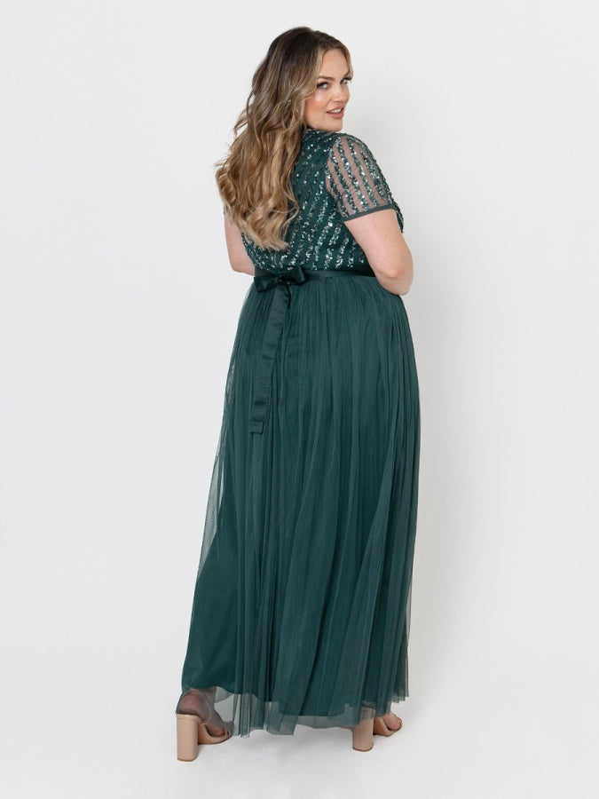 Maya Emerald Green Stripe Embellished Maxi Dress With Sash Belt