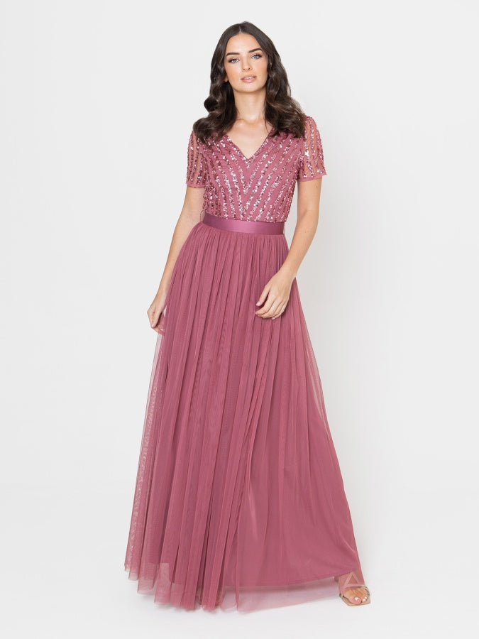 Maya Desert Rose Stripe Embellished Maxi Dress With Sash Belt – Maya Deluxe