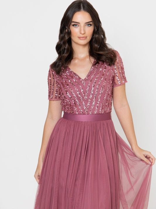 Maya Desert Rose Stripe Embellished Maxi Dress With Sash Belt