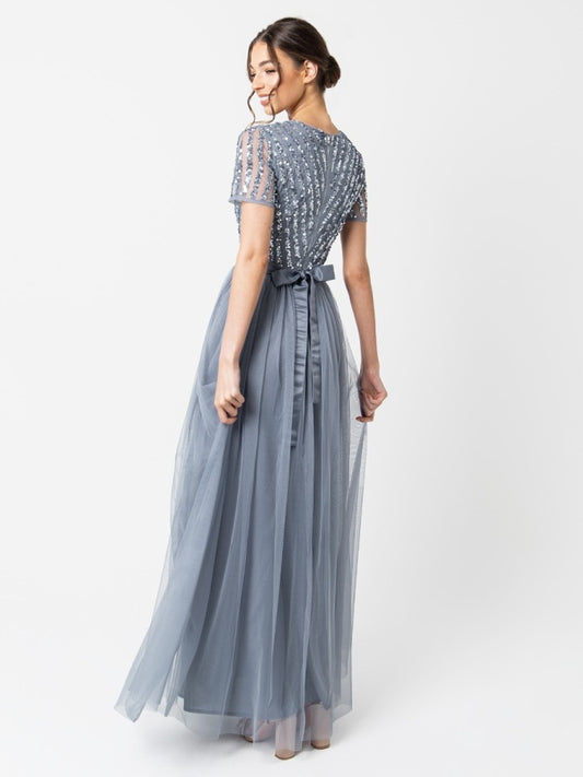 Maya Dusty Blue Stripe Embellished Maxi Dress With Sash Belt