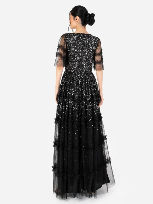 Maya Black Fully Embellished Short Sleeve Maxi Dress