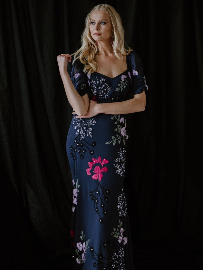 Maya Navy Embellished Sweetheart Neckline Maxi Dress