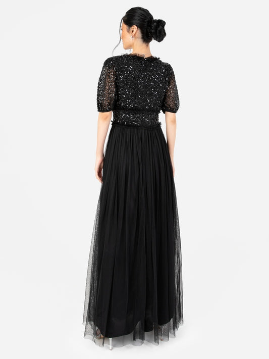 Maya Black Short Sleeve Embellished Maxi Dress With Frill Detail