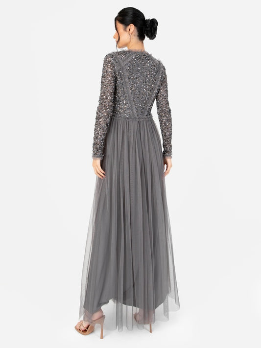 Maya Charcoal Long Sleeve Embellished Maxi Dress with Frill Detail