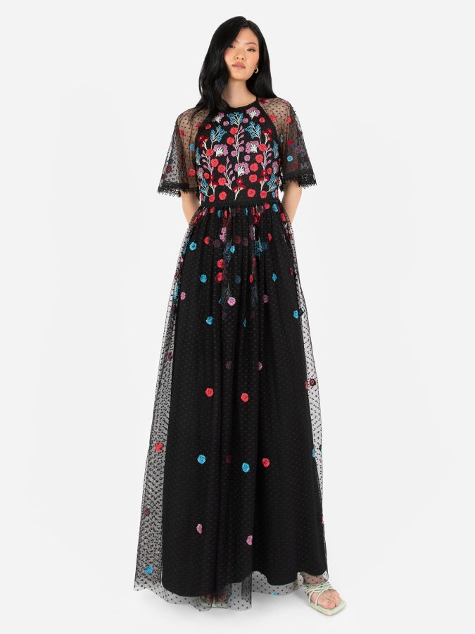 Maya Pale Peach Fully Embroidered Long Sleeve Maxi Dress with Frill Detail