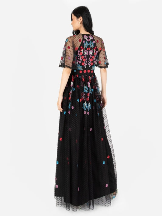 Maya Black Floral Embroidered Spot Mesh Maxi Dress