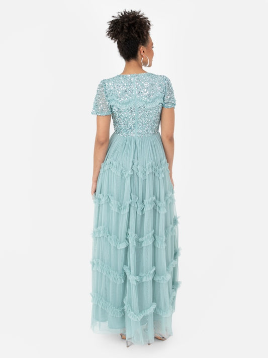 Maya Blue Embellished Ruffle Maxi Dress