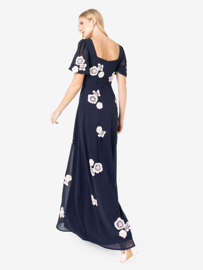Maya Navy Short Sleeve Floral Embellished Maxi Dress
