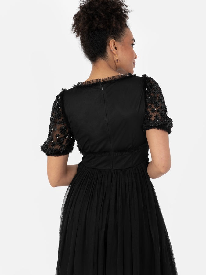 Maya Black Floral Embellished Sweetheart Neck Midi Dress