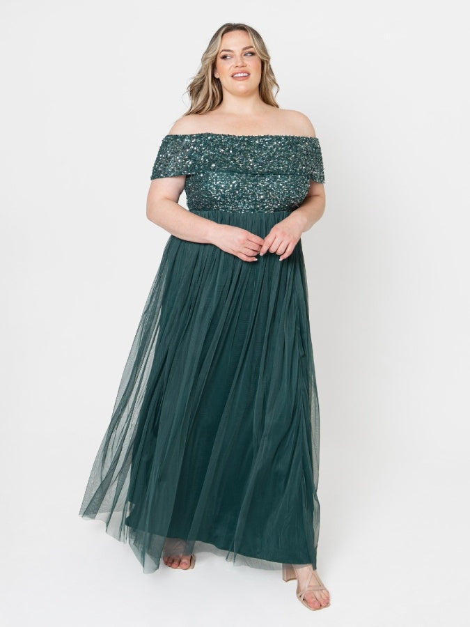 slim fit dress slacks Maya Emerald Green Bardot Embellished Maxi Dress – Maya Deluxe
