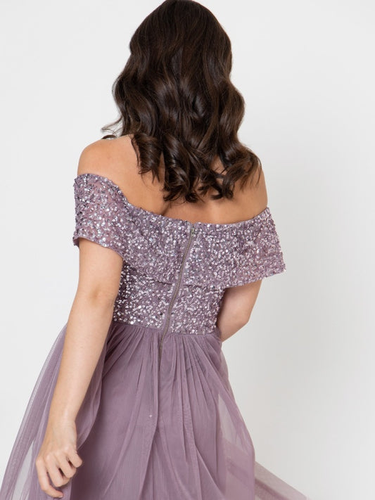 Maya Moody Lilac Bardot Embellished Maxi Dress
