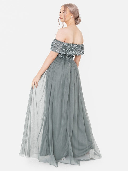 Maya Misty Green Bardot Embellished Maxi Dress