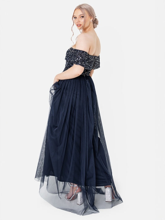 Maya Navy Bardot Embellished Maxi Dress