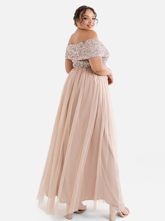 Maya Taupe Blush Bardot Embellished Maxi Dress