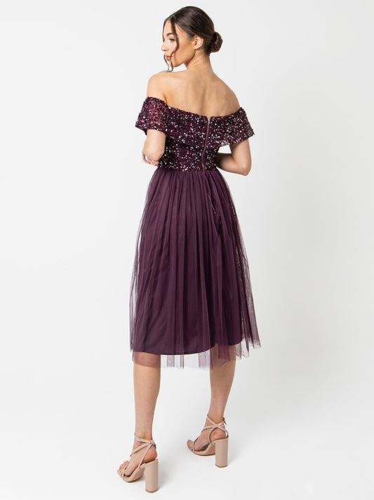 Maya Berry Bardot Embellished Midi Dress