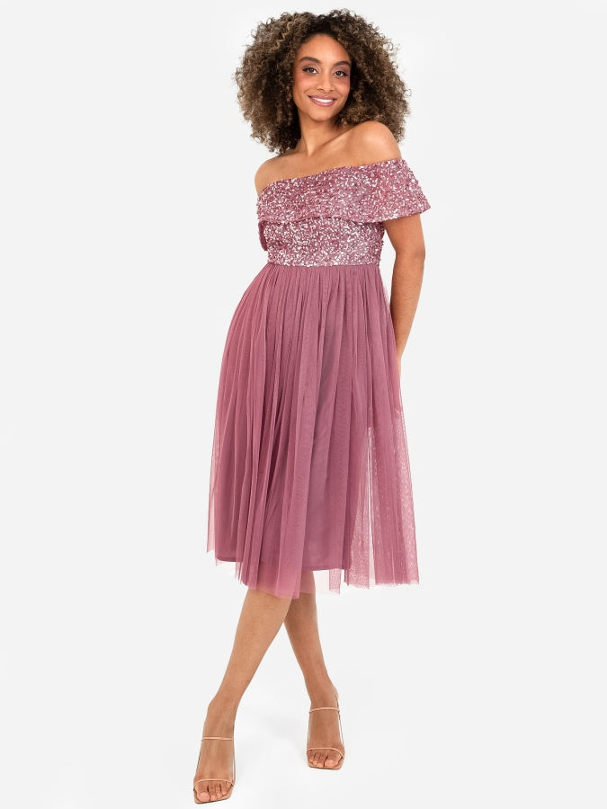 Maya Desert Rose Bardot Embellished Midi Dress – Maya Deluxe