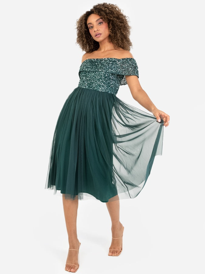 knee length dresses for ladies Maya Emerald Green Bardot Embellished Midi Dress – Maya Deluxe
