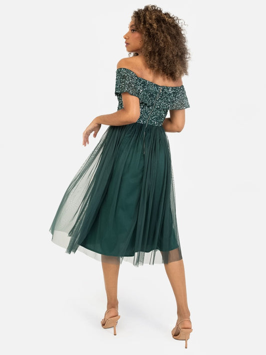 Maya Emerald Green Bardot Embellished Midi Dress