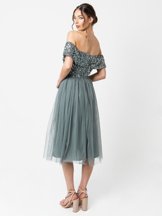 Maya Misty Green Bardot Embellished Midi Dress