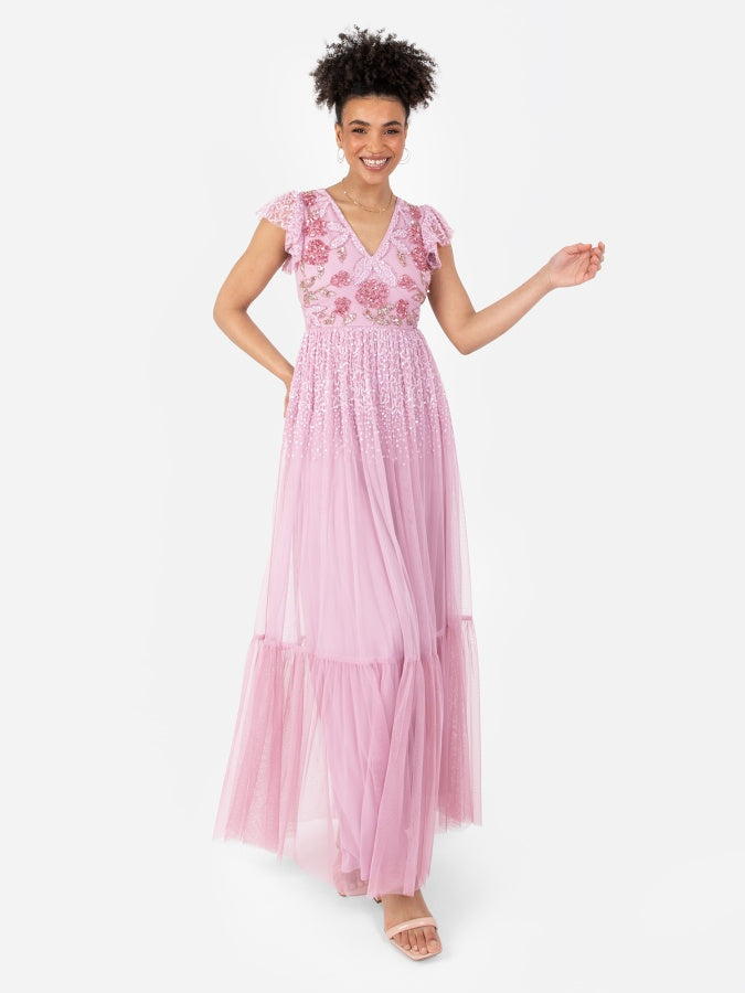 embellished flutter sleeve maxi dress Maya Pink Rose Embellished Flutter Sleeve Maxi Dress – Maya Deluxe