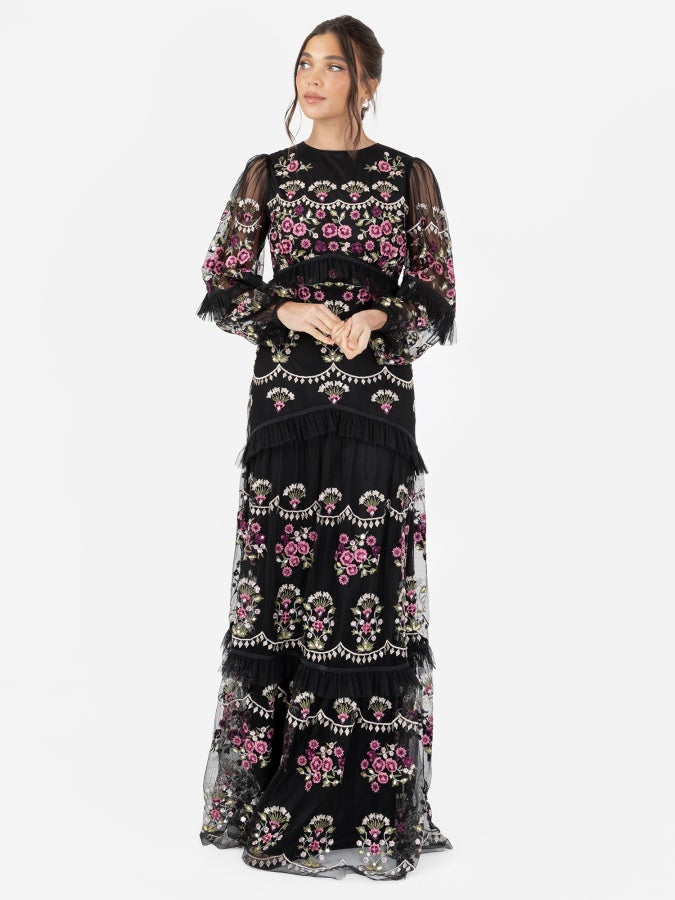 Maya Black Fully Embroidered Long Sleeve Maxi Dress with Frill Detail