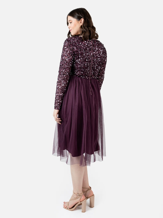 Maya Berry Faux Wrap Embellished Long Sleeve Midi Dress