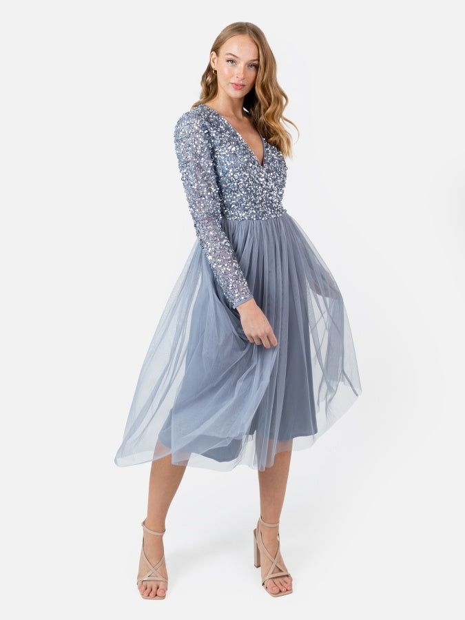 Maya Dusty Blue Faux Wrap Embellished Long Sleeve Midi Dress – Maya Deluxe