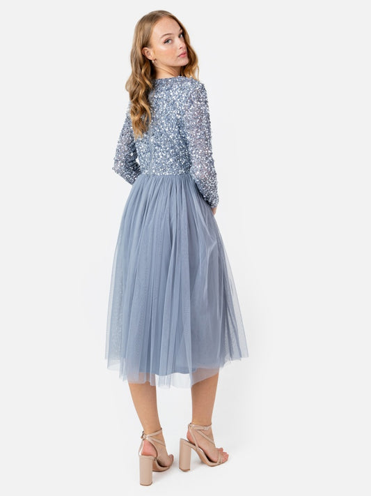 Maya Dusty Blue Faux Wrap Embellished Long Sleeve Midi Dress