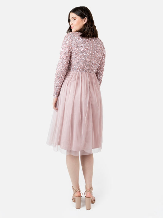 Maya Frosted Pink Faux Wrap Embellished Long Sleeve Midi Dress