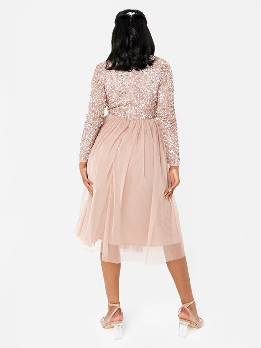 Maya Taupe Blush Faux Wrap Front Embellished Midi Dress