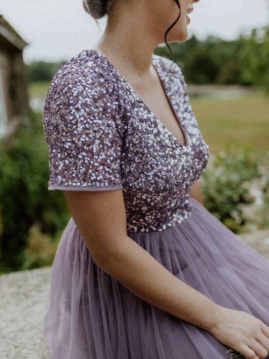 Maya Moody Lilac Short Sleeve V Neckline Embellished Maxi Dress