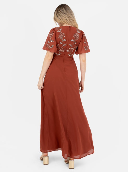 Maya Rust Embellished Short Angel Sleeve V Neck Maxi Dress