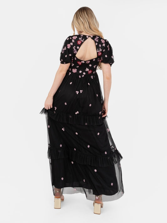 Maya Black Floral Embroidered Short Sleeve V Neck Maxi Dress