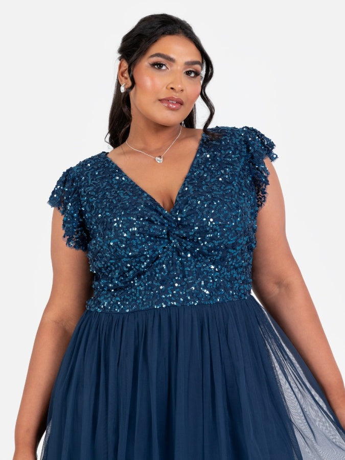 Maya French Navy Embellished Twist Bodice Midi Dress