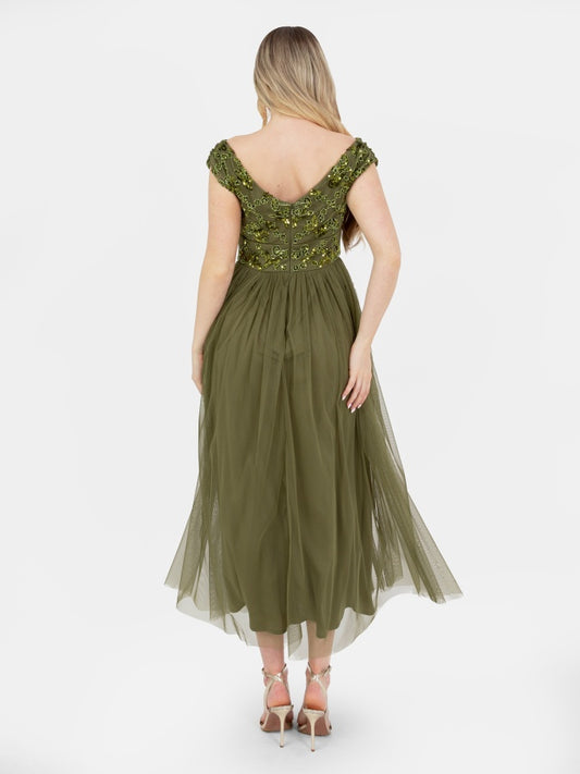 Maya Olive Floral Embellished Bardot Midaxi Dress with Rosette Detail