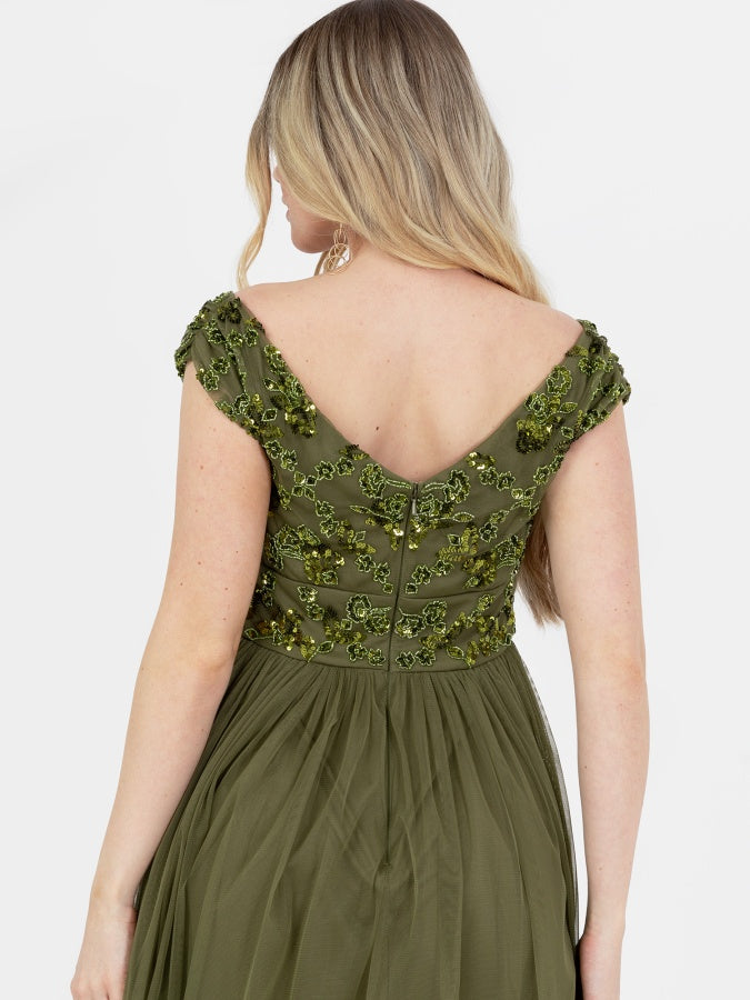 Maya Olive Floral Embellished Bardot Midaxi Dress with Rosette Detail